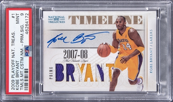 2009-10 Playoff National Treasures Timeline #1 Kobe Bryant Signed Patch Card (#03/10) - PSA MINT 9